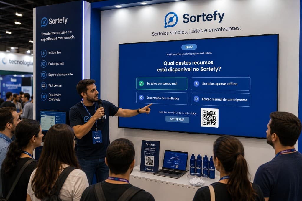 Apresentador conduzindo quiz ao vivo no telão com perguntas de múltipla escolha e participação via QR Code no Sortefy