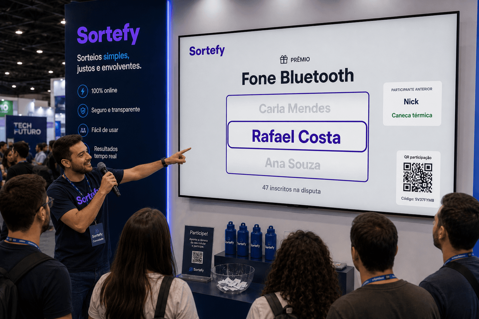 Apresentador conduzindo sorteio entre todos os inscritos no telão, com listagem de nomes concorrendo ao prêmio e QR Code do Sortefy