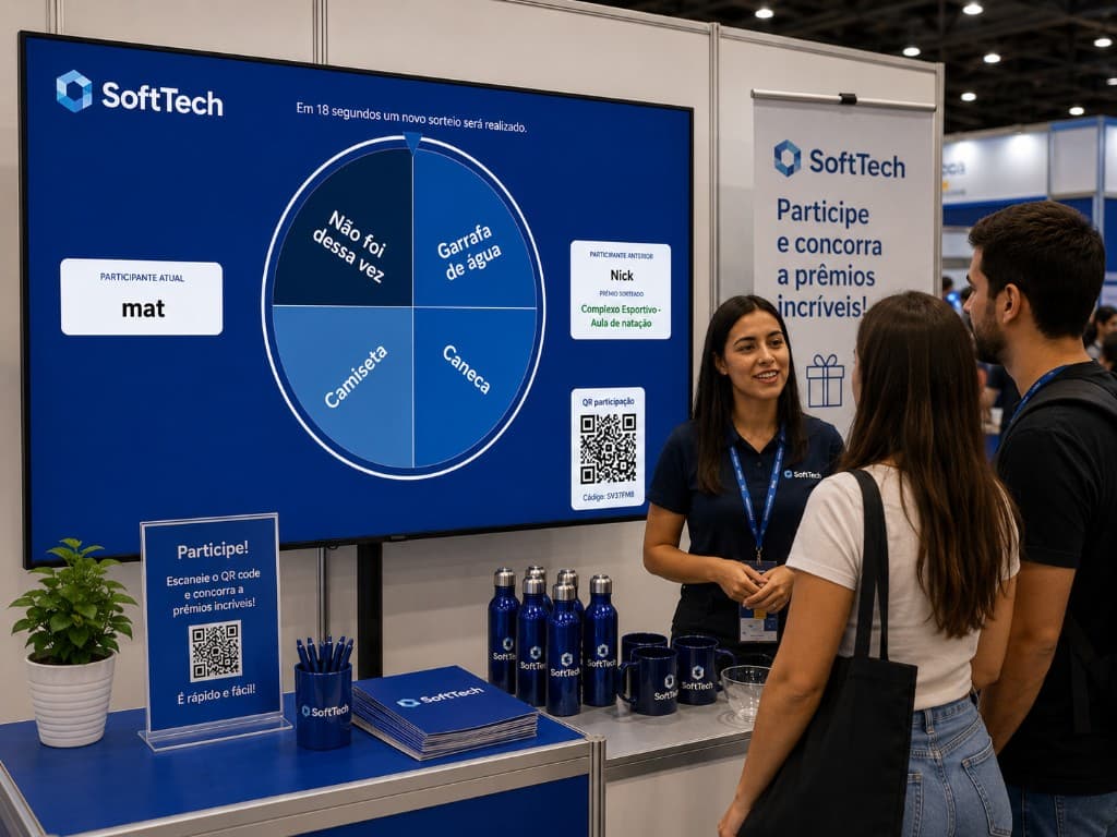 Equipe no stand conversando com visitantes enquanto telão exibe roleta de prêmios, participantes e QR Code do Sortefy